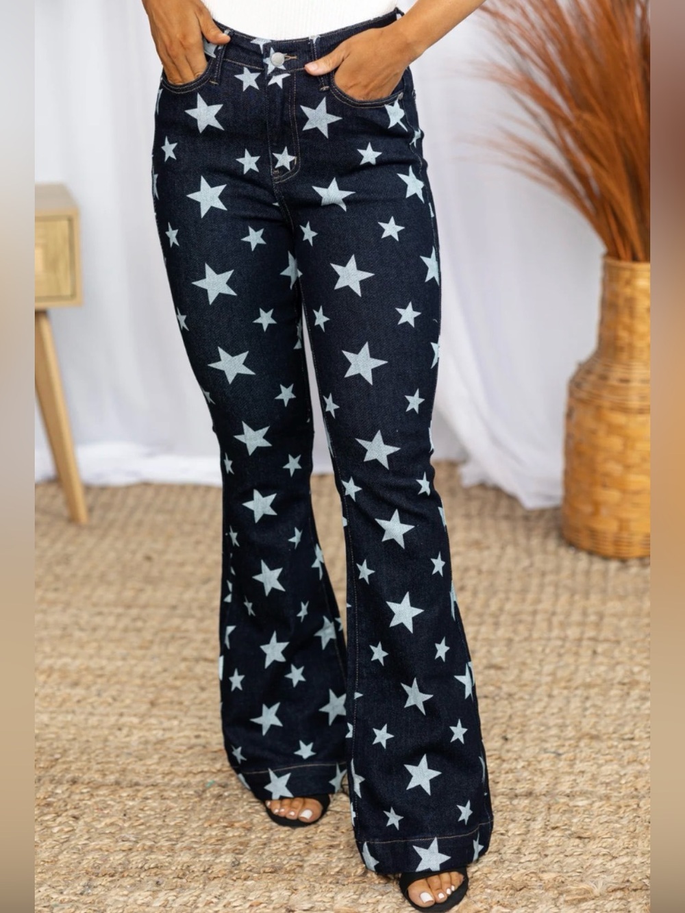 Judy Blue Black Flare Jeans with White Star Print